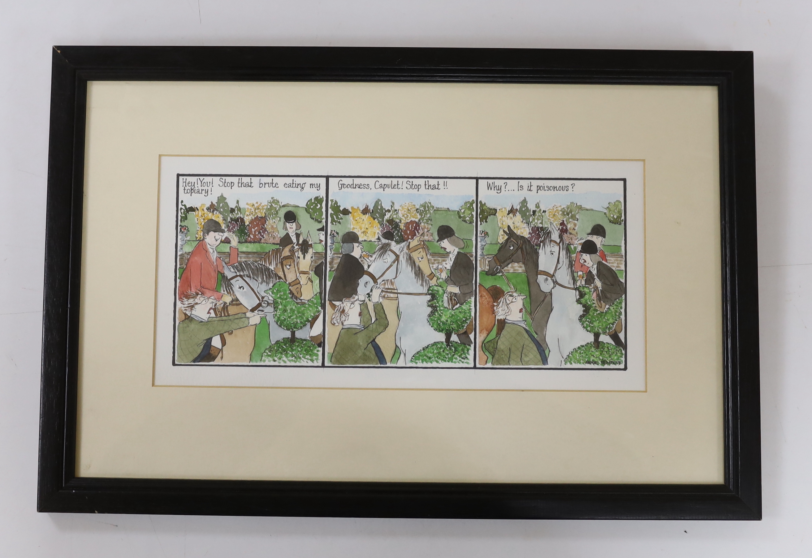 Annie Tempest (b.1959) original watercolour cartoon, huntsman and horses, from ‘Tottering by Gently’, signed, 14 x 30cm